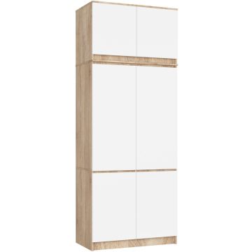 Szafa AkordV2 S90, 6 drzwi i 6 półek, dąb/biały, 90 × 235 × 51 cm