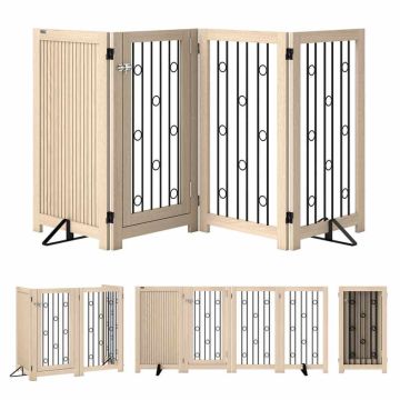 Dog gate, 4 panels with door, Oak/black, 205 × 91.5 × 30.5 cm