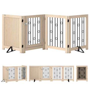 Dog gate, 4 panels with door, Oak/black, 205 × 30.5 × 70 cm