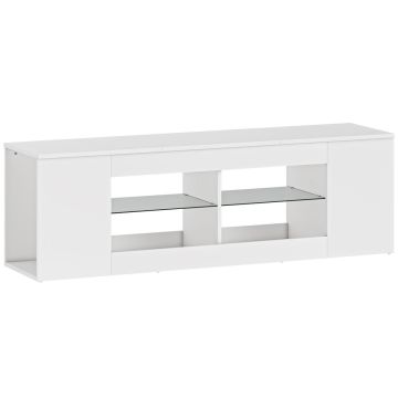 Stojak pod TV, 6 przegródek, 2 szklane półki, biały, 140 × 42,5 × 35 cm
