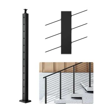 Cable Stair Railing Post, Stainless Steel, Black, 42x2x2 Inch