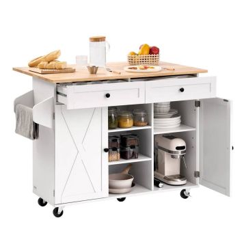 Mobile kitchen trolley with solid wood tabletop and cabinet, 132 cm, white