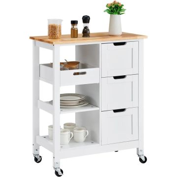 Kitchen Island Cart, 26 Inch, White, 3 Drawers, Mobile Bar