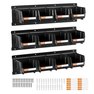 Wall-mounted plastic storage boxes with metal rails, black