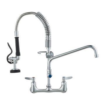 Commercial kitchen wall-mounted faucet with sprayer, 21 in. high, brass