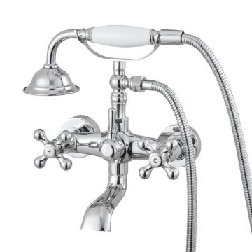 Sock-shaped wall-mounted bathroom faucet with hand shower, polished chrome