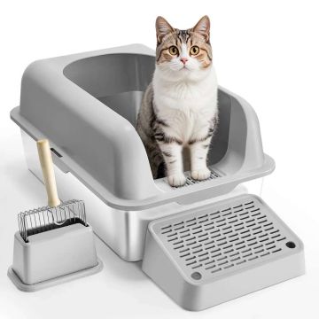 XL Stainless Steel Closed Cat Litter Box, 6" Deep, with Filter and Scoop