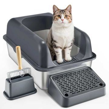 XL Stainless Steel Enclosed Cat Litter Box, 6 Inch Deep, with Filter