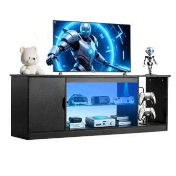Drewniana szafka pod TV do 1651 mm z listwą świetlną, czarna