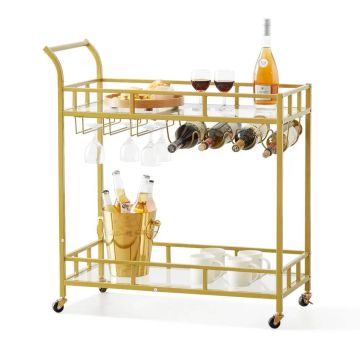 Gold bar cart with tempered glass shelves, 2 tiers, on wheels