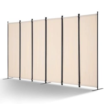 Foldable 6-panel room divider, beige, for office and bedroom