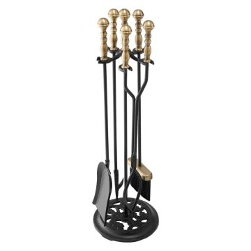 Fireplace tool set 5 pieces with holder, black and brass