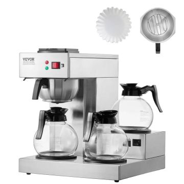 12 Cup Stainless Steel Drip Coffee Maker, Commercial, with 3 Glass Ladles and Heating Plates, for Restaurant and Office