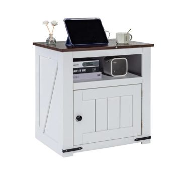 Rustic style white square bedside table with USB and cabinet
