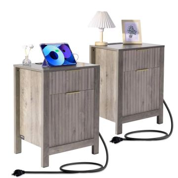 Farmhouse Style 2-Piece Gray Nightstands with USB and Cabinet