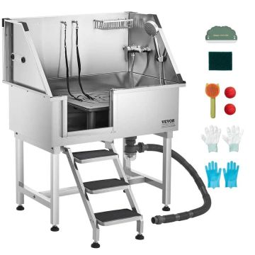 Dog washing station, stainless steel, 96.5 cm, with faucet and shower head
