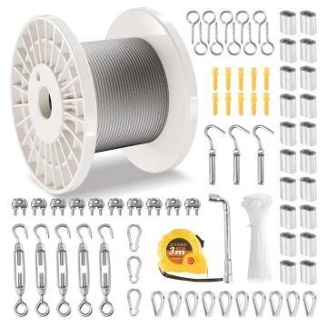 Wire Rope Kit 304 Stainless Steel, 1/8 Inch, 100 Feet, with Accessories, 1600 Pound Breaking Strength