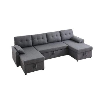 Sofa rozkładana w kształcie litery U z kieszeniami bocznymi, 6 miejsc, szara, metalowa rama