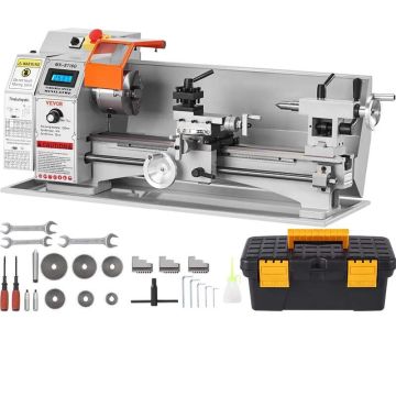 Mini desktop metal lathe, 800 W, 17.8x40.7 cm, 150-2500 rpm.