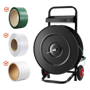 Strapping trolley for PET/PP polyester straps, 20.3/40.6 cm reels, sturdy dispenser with brake system