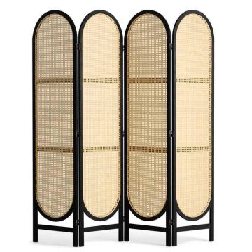 Wooden 4-panel rattan partition, foldable, brown