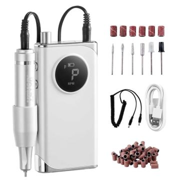 Rechargeable electric nail drill with LCD display, 40,000 rpm, 6 attachments and 50 sanding bands