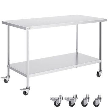 Stainless steel workbench, 30x60x38 inches, with casters, 3 levels, silver