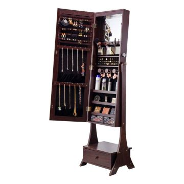 Mirrored jewelry cabinet with LED lighting, brown, freestanding
