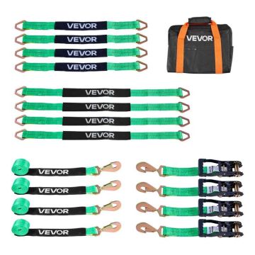 Wheel chock and strap set with spring hook, for ATV, UTV, trailers