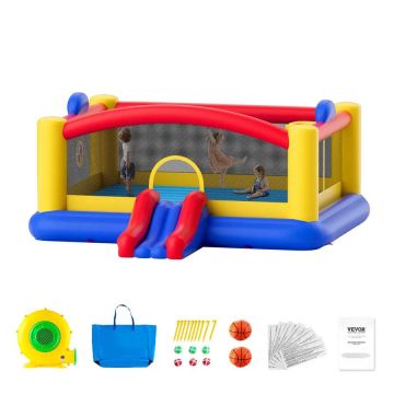 Inflatable outdoor play castle with slide and blower, 177x173x80 inches, for children 3-10 years old