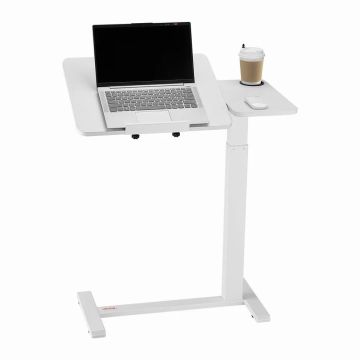 Portable bedside table, white, with wheels and cup holder