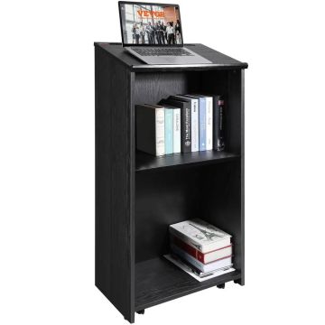 Black wooden podium stand with shelves and casters, 119 cm