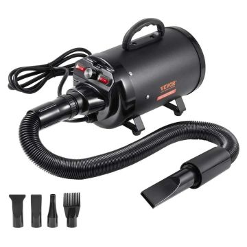 Suszarka do sierści psa 2000W z regulowaną prędkością i 4 dyszami, czarna