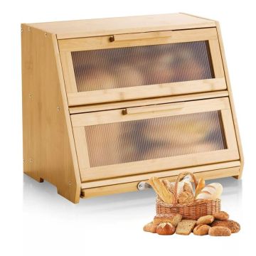 Double-layer large capacity bamboo wooden bread box with acrylic lid