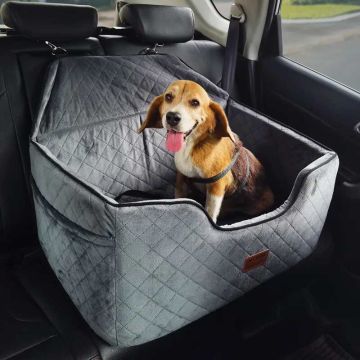 Dog car seat with safety leash and pocket, gray, medium/large dog