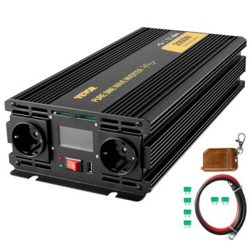 Pure sine wave inverter 2500 W, 12 V DC to 230 V AC with USB and LCD display