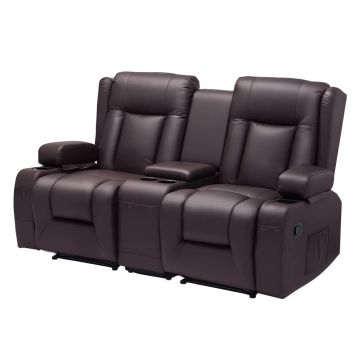 Dwuosobowa rozkładana sofa ze skóry PU z USB i uchwytami na kubki, brązowa