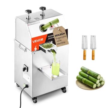 Komercyjna elektryczna wyciskarka do soku z trzciny cukrowej, 750 W, 300 kg/h, stal nierdzewna, z kółkami