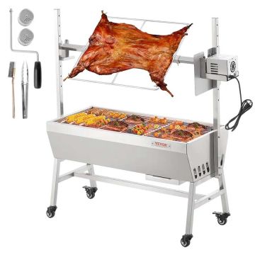 Electric stainless steel spit barbecue, 35 inches, 42 W motor, wheels, for camping