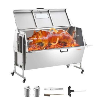 60 W stainless steel spit barbecue with hood, 286 L capacity, wheels, for outdoor camping