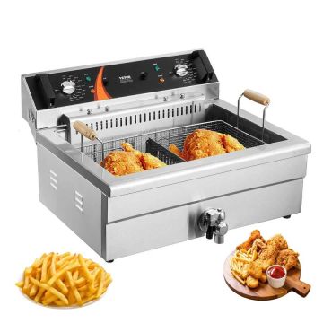 Electric commercial deep fryer, 3000 W, 30 L, stainless steel, countertop, temperature control, silver