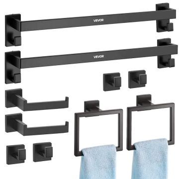 Matte black bathroom accessory set, 10 pieces, stainless steel