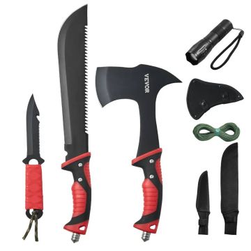 Camping knife set with axe, machete, flashlight and paracord