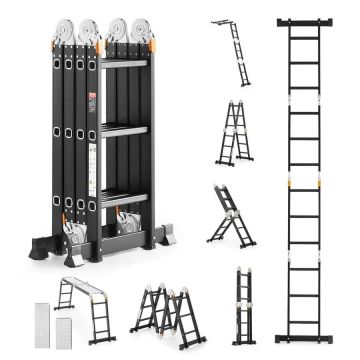 Multifunctional Folding Telescopic Ladder, 3 Steps, A-Frame, 12 Feet High, 330 Pound Load Capacity