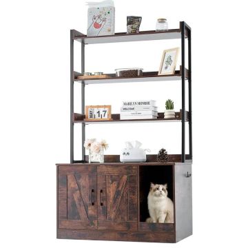 Wooden cat litter box enclosure with shelves, dark brown, 85x49x147 cm