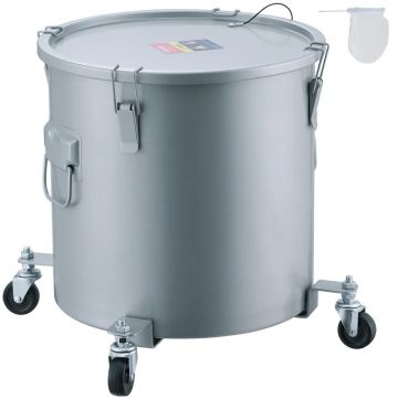 Grease bucket for oil, 10 gallons, carbon steel, gray, casters, filter