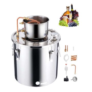 Alcohol distillation apparatus 30 L, stainless steel with copper spiral, thermometer and pump