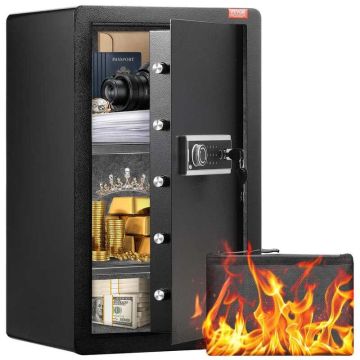 Safe, 113 L, single door, black, with key lock, fingerprint and password mechanism, LED lighting, fireproof basket and 2 shelves