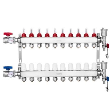 Underfloor heating manifold 10 branches, 1.27 cm PEX pipes, set