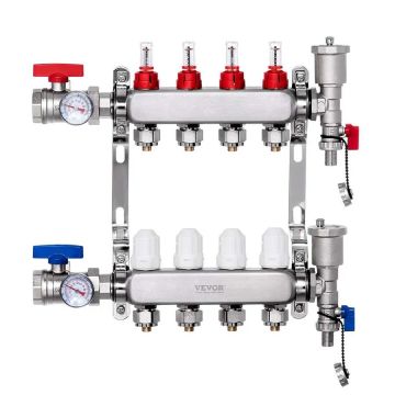 4-branch stainless steel PEX heating manifold, 1/2" adapters